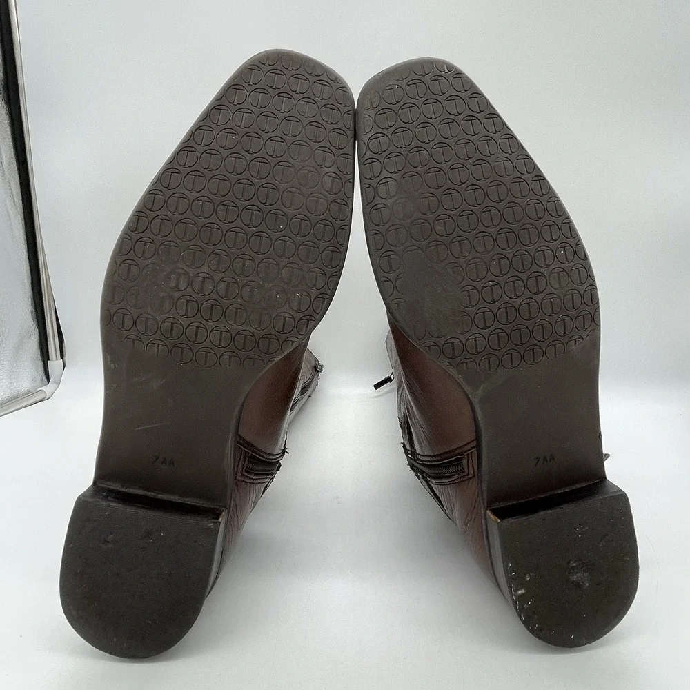 Talbots Womens 7AA Riding Boots Tall Brown Pebbled Leather Gold Buckle‎ Full Zip - Picture 5 of 16